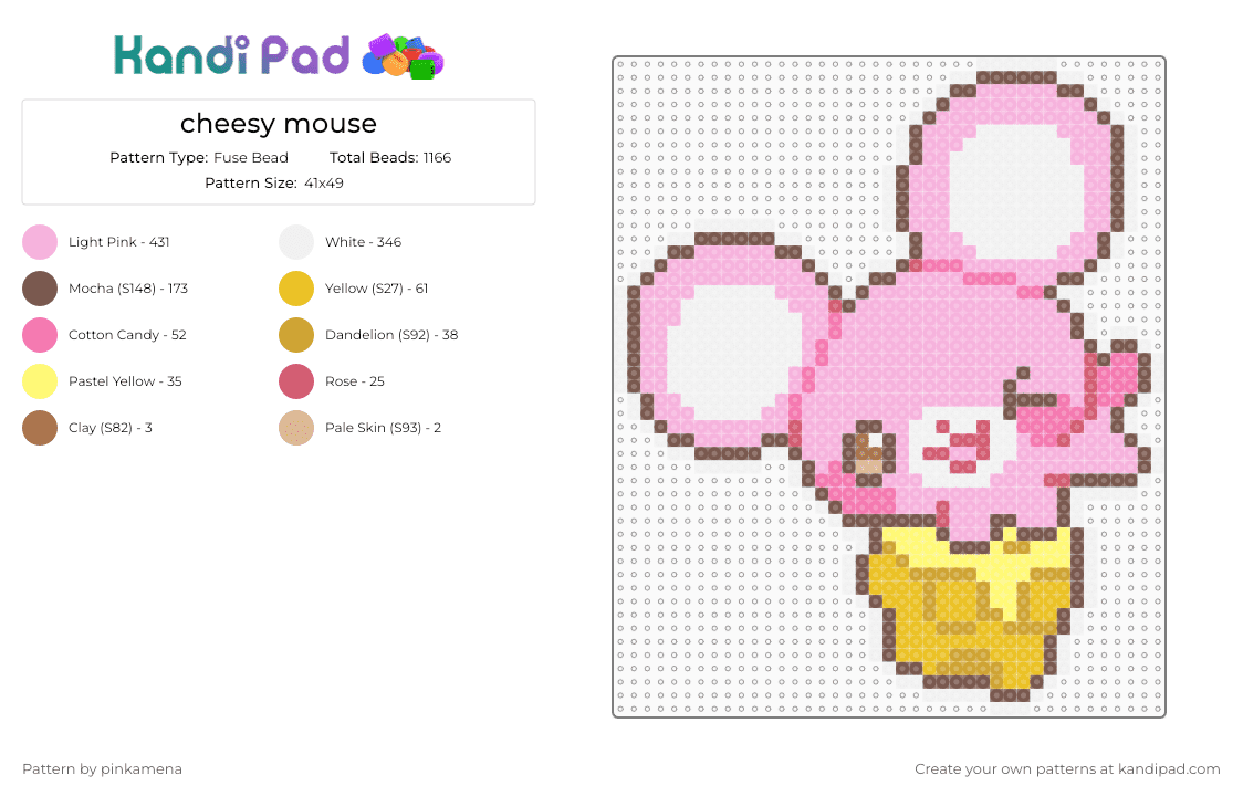 cheesy mouse - Fuse Bead Pattern by pinkamena on Kandi Pad - tan,pink,cute,kawaii,animal,food,cartoon,rat,cheese,animals