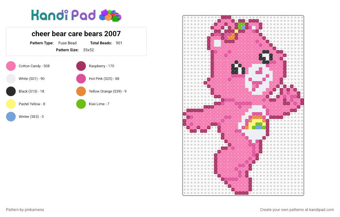 cheer bear care bears 2007 - Fuse Bead Pattern by rainbowhash on Kandi Pad - animal, care bears, carebear, carebears, cartoon, cheerbear, cute, kawaii, pink