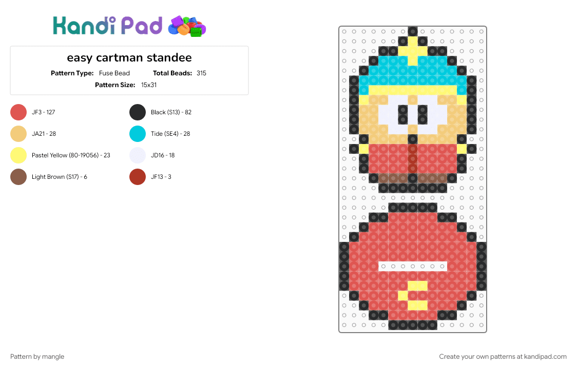 easy cartman standee - Fuse Bead Pattern by mangle on Kandi Pad - animation animated, beginner, cartoon, eric cartman, red, south park, tv show, yellow
