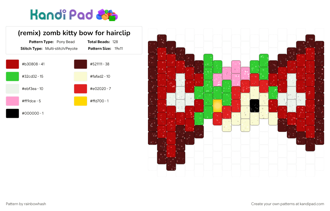 zomb kitty bow for hairclip - Pony Bead Pattern by mangle on Kandi Pad - accessory, bowtie, brown, emo, kitty cat, red, scene, scenemo, zombie