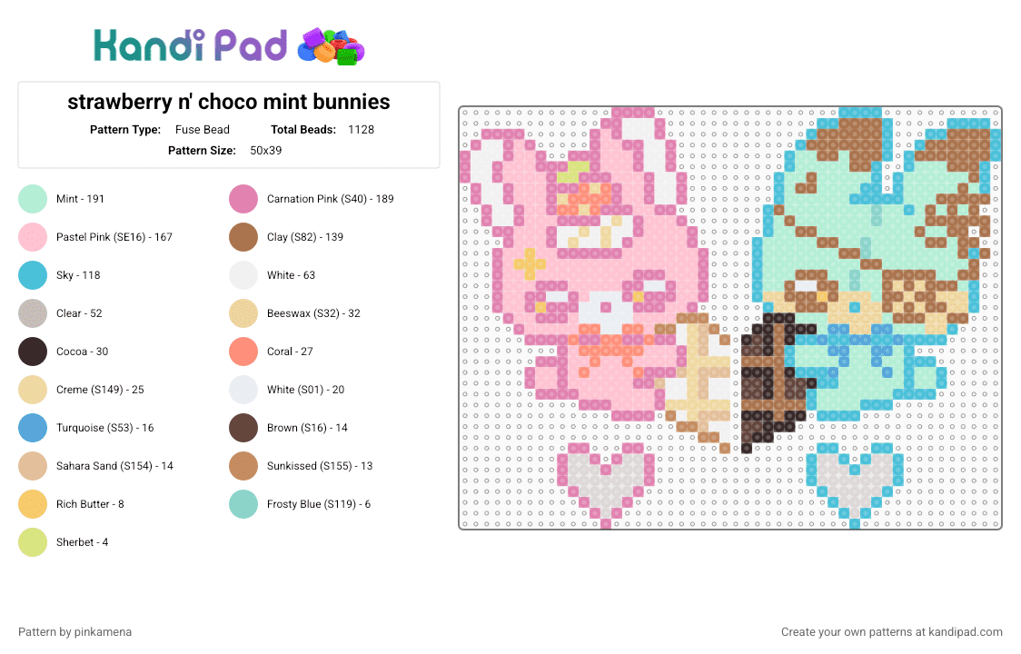 strawberry n\' choco mint bunnies - Fuse Bead Pattern by pinkamena on Kandi Pad - tan,light blue,pink,keychain,dangler,bunny,rabbit,sweets,food,cute,kawaii