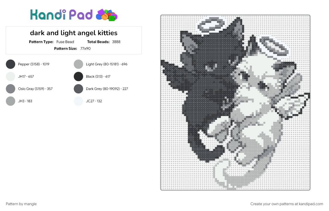dark and light angel kitties - Fuse Bead Pattern by mangle on Kandi Pad - 2000s wings halo, angelic kitty cat, beige, cats kittens, cute kawaii animal animals, decoration detailed, emo scenemo goth, gothic angels, gray, huge big wall art decor