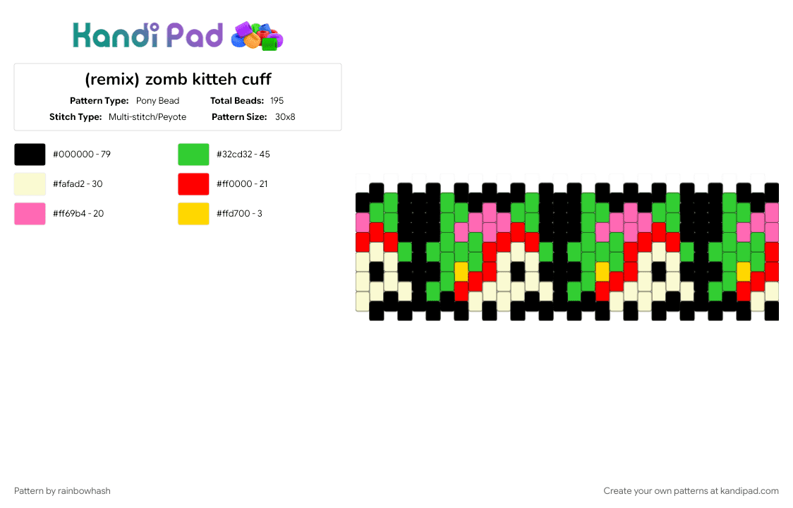 (remix) zomb kitteh cuff - Pony Bead Pattern by rainbowhash on Kandi Pad - animal, emo, green, horror, kitten, kitty cat, monster, red, undead, zombie