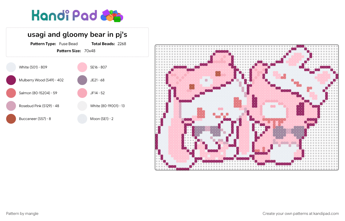 usagi and gloomy bear in pj\'s - Fuse Bead Pattern by mangle on Kandi Pad - animal animals, cute, decora decoration, hanyo usagi all purpose bunny, kawaii, pink, rabbit bear, scene emo, scenemo wall decor