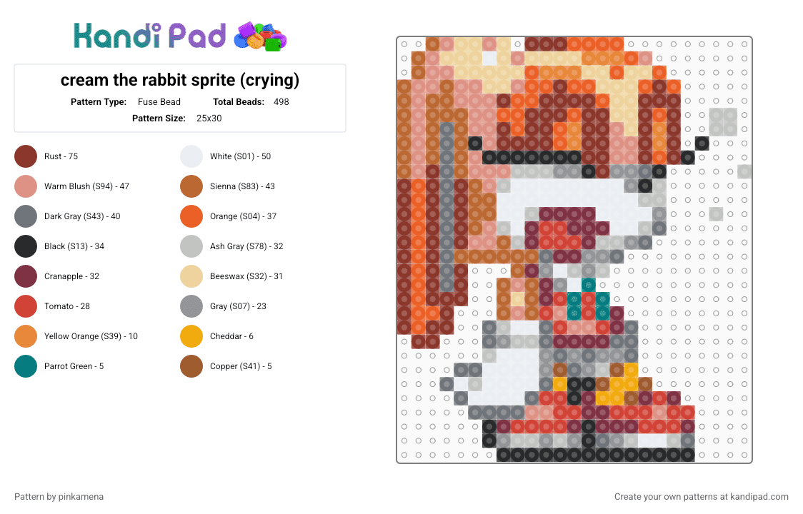 cream the rabbit sprite (crying) - Fuse Bead Pattern by rainbowhash on Kandi Pad - beige,red,orange,gray,sonic the hedgehog,cute,kawaii,sega,video game,bunny