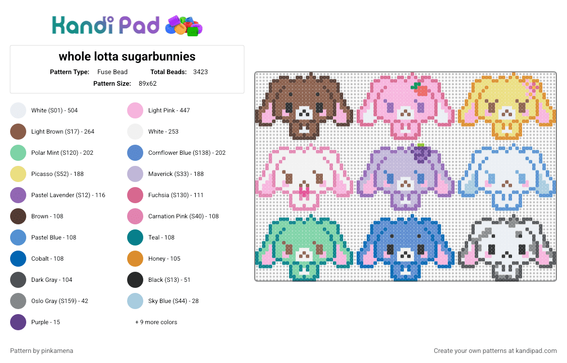 whole lotta sugarbunnies - Fuse Bead Pattern by pinkamena on Kandi Pad - pink,tan,teal,colorful,cute,kawaii,sanrio,sugar bunnies,keychain,small,hello kitty,animal