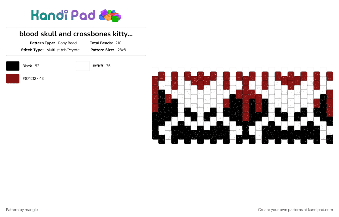 blood skull and crossbones kitty cuff - Pony Bead Pattern by mangle on Kandi Pad - animals, bone halloween, brown, kitty cat, monster bones, scary animal, scene emo horror, scenemo accessory, white