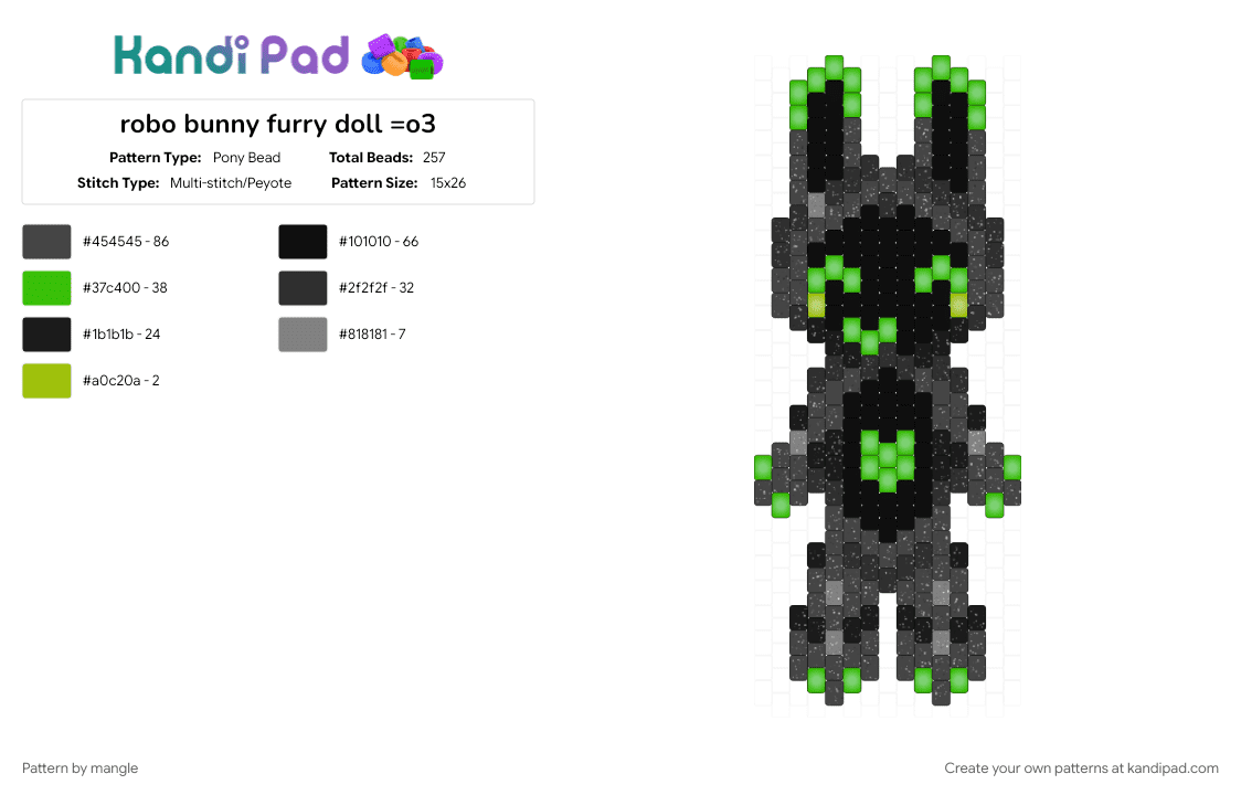 robo bunny furry doll =o3 - Pony Bead Pattern by mangle on Kandi Pad - black, cute kawaii oc, green, original character, robot tech, robotic decora, scene doll, scenemo keychain, tech, technology computer