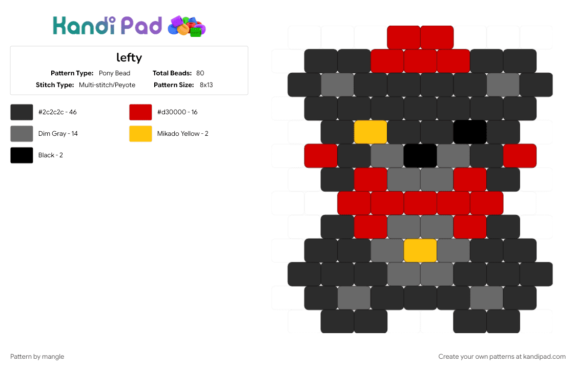 lefty - Pony Bead Pattern by mangle on Kandi Pad - bear, black, charm, charms, five nights at freddys, fnaf, gray, keychain, red, video game