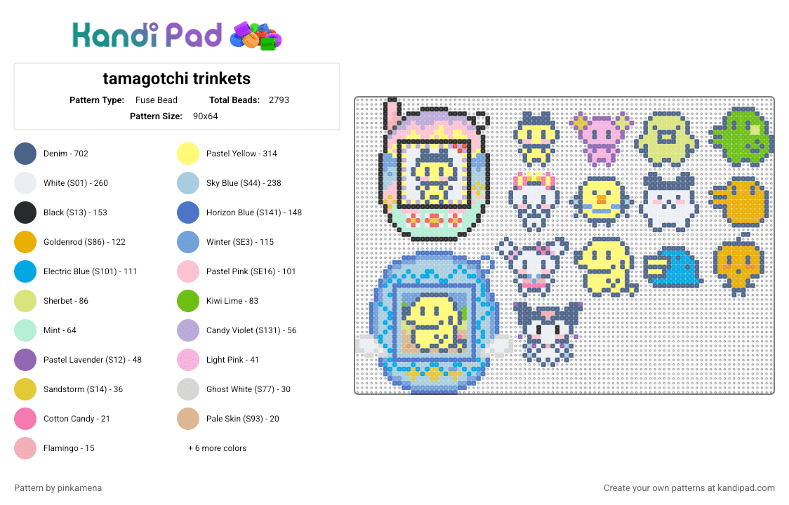 tamagotchi trinkets - Fuse Bead Pattern by pinkamena on Kandi Pad - blue,pink,yellow,light blue,cute,kawaii,mini,easy,keychain,charm,video game,animal