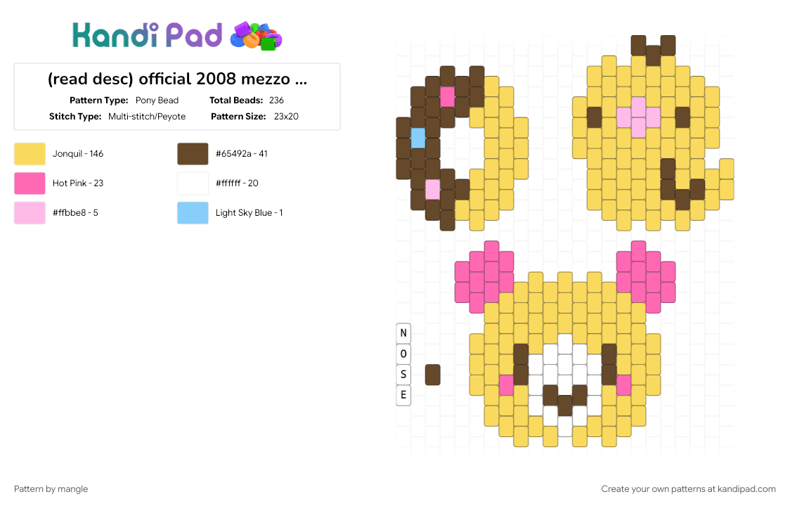 official 2008 mezzo piano aquabeads set (aq-s09) (6) - Pony Bead Pattern by mangle on Kandi Pad - 2000s y2k, animal animals, bear, cute kawaii, cutecore kawaiicore, decora colorful, donut food dessert, duck duckling, yellow
