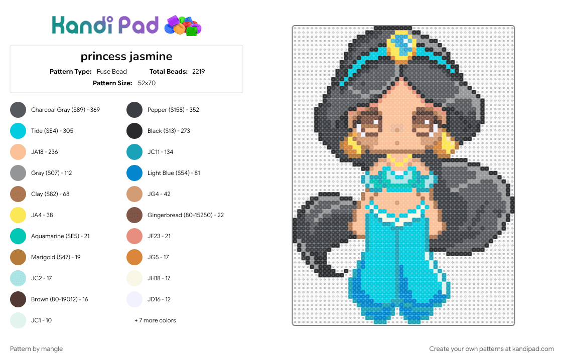 princess jasmine - Fuse Bead Pattern by mangle on Kandi Pad - anime, beige, cartoon, chibi, cute kawaii, disney, gray, light blue, princess, teal
