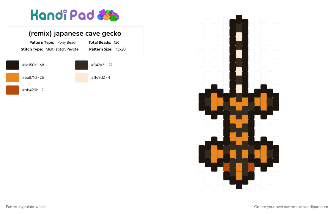 (remix) japanese cave gecko - Pony Bead Pattern by rainbowhash on Kandi Pad - animal, animals, black, brown, cute, doll, keychain, lizard, orange, reptile, reptiles