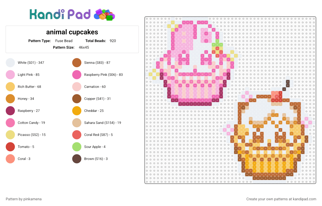 animal cupcakes - Fuse Bead Pattern by pinkamena on Kandi Pad - white,pink,beige,colorful,cute,kawaii,bunny rabbit,kitty cat,cupcake,food,dessert,animals