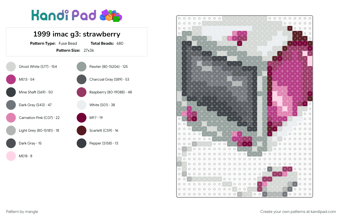 1999 imac g3: strawberry - Fuse Bead Pattern by mangle on Kandi Pad - 2000s y2k, 90s, computer, frutiger aero, gray, old tech, pink, retro technology