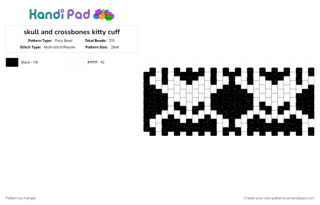 skull and crossbones kitty cuff - Pony Bead Pattern by mangle on Kandi Pad - animals, black, bone halloween, kitty cat, monster bones, scary animal, scene emo horror, scenemo accessory, white
