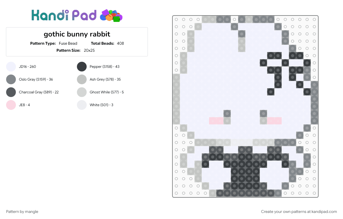 gothic bunny rabbit - Fuse Bead Pattern by mangle on Kandi Pad - animal, animals, beige, charm keychain, cute kawaii, goth, gray, scenemo emo, white