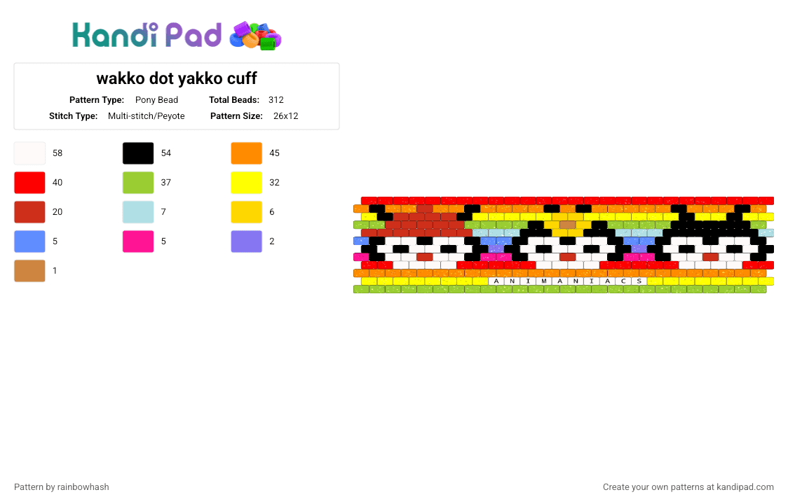 wakko dot yakko cuff - Pony Bead Pattern by rainbowhash on Kandi Pad - animal, animaniacs, animation, cartoon, cute, green, kawaii, orange, red, warner bros, yellow