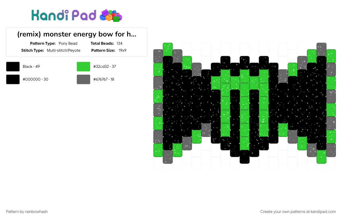 (remix) monster energy bow for hairclip - Pony Bead Pattern by mangle on Kandi Pad - decora wearable, emo accessory, energy drink, gray, green, scene, scenemo bowtie