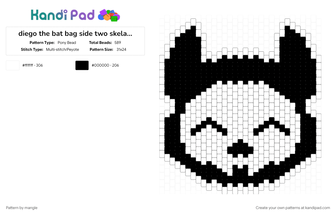 diego the bat bag side two skelanimals (2/2) (handle in desc) - Pony Bead Pattern by mangle on Kandi Pad - 2000s, black, cute kawaii horror, cutegore puppy, panel animal animals, scene emo, scenemo accessory, skeleton skull, skulls, white
