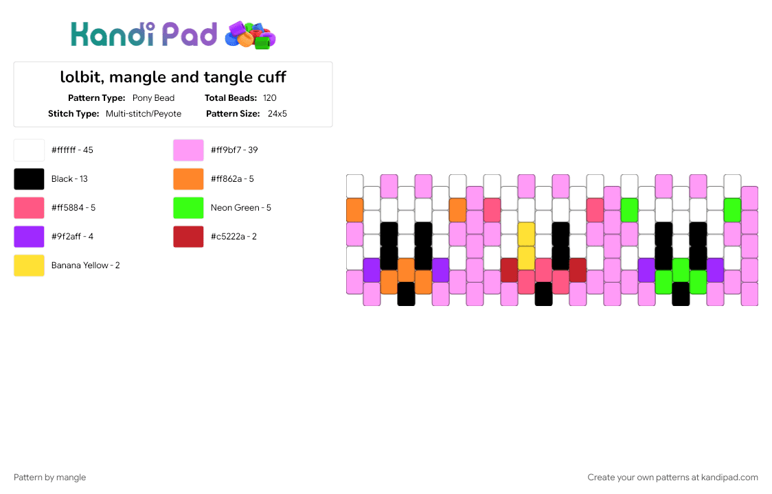 lolbit, mangle and tangle cuff - Pony Bead Pattern by mangle on Kandi Pad - five nights at freddys, fnaf, fox, furry, pink, video game, white
