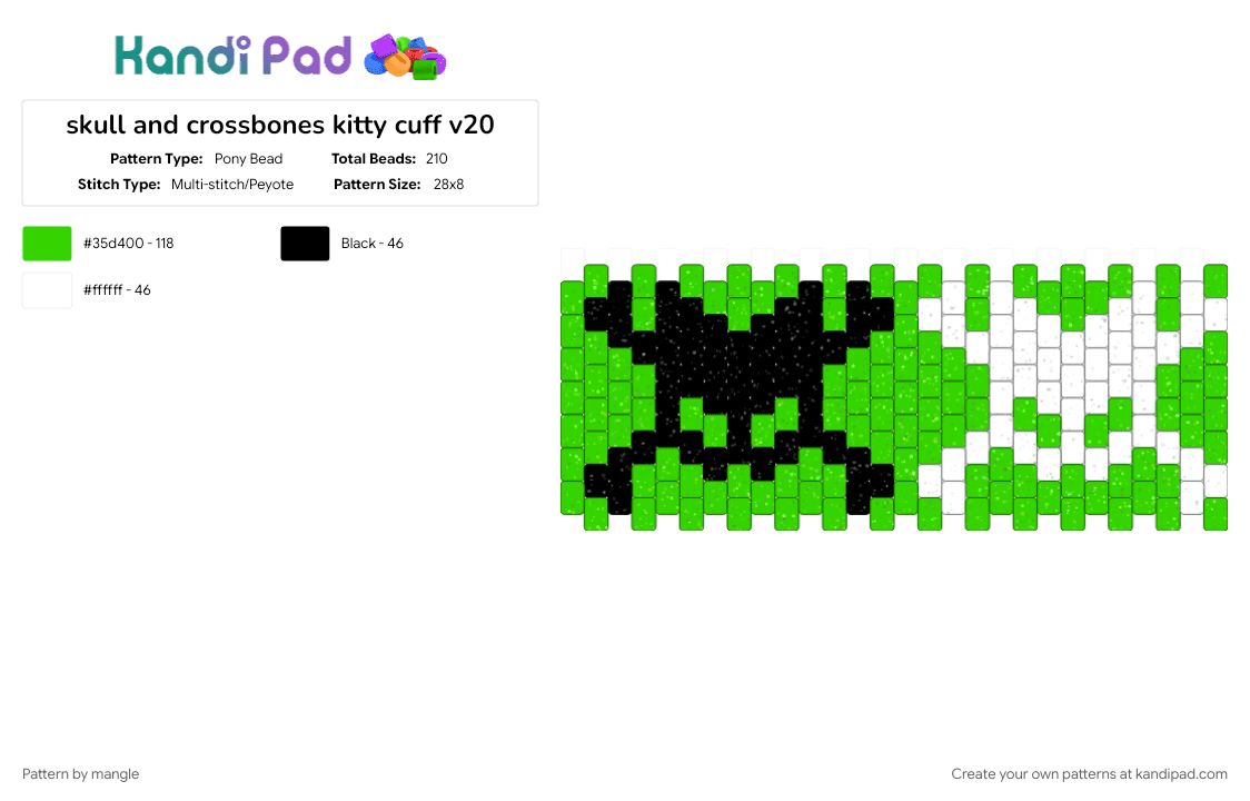 skull and crossbones kitty cuff v18 - Pony Bead Pattern by mangle on Kandi Pad - animals, bone halloween, green, kitty cat, monster bones, scary animal, scene emo horror, scenemo accessory, toxic caution neon radioactive, white