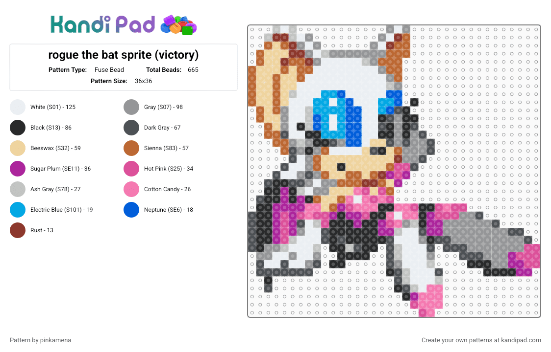 rogue the bat sprite (victory) - Fuse Bead Pattern by pinkamena on Kandi Pad - beige,gray,pink,cute,kawaii,sonic the hedgehog,video game,sega,furry,animal,animals