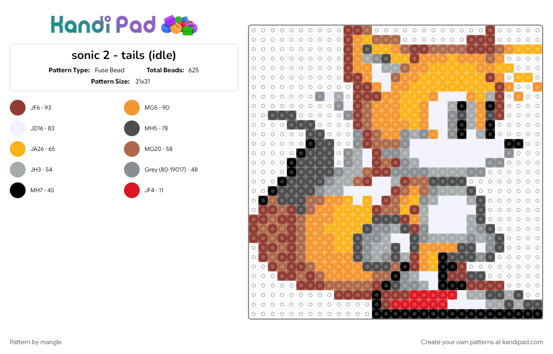 sonic 2 - tails (idle) - Fuse Bead Pattern by mangle on Kandi Pad - 90s, fox, gray, orange, retro, sega, sonic the hedgehog, sprite, video game