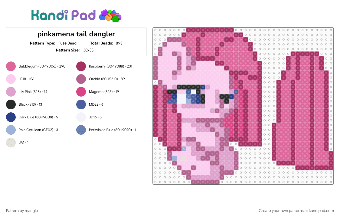 pinkamena tail dangler - Fuse Bead Pattern by mangle on Kandi Pad - 2010s, animal animals, cute kawaii, horse cartoon, keychain, mlp, my little pony, pink, pinkie pie dangle