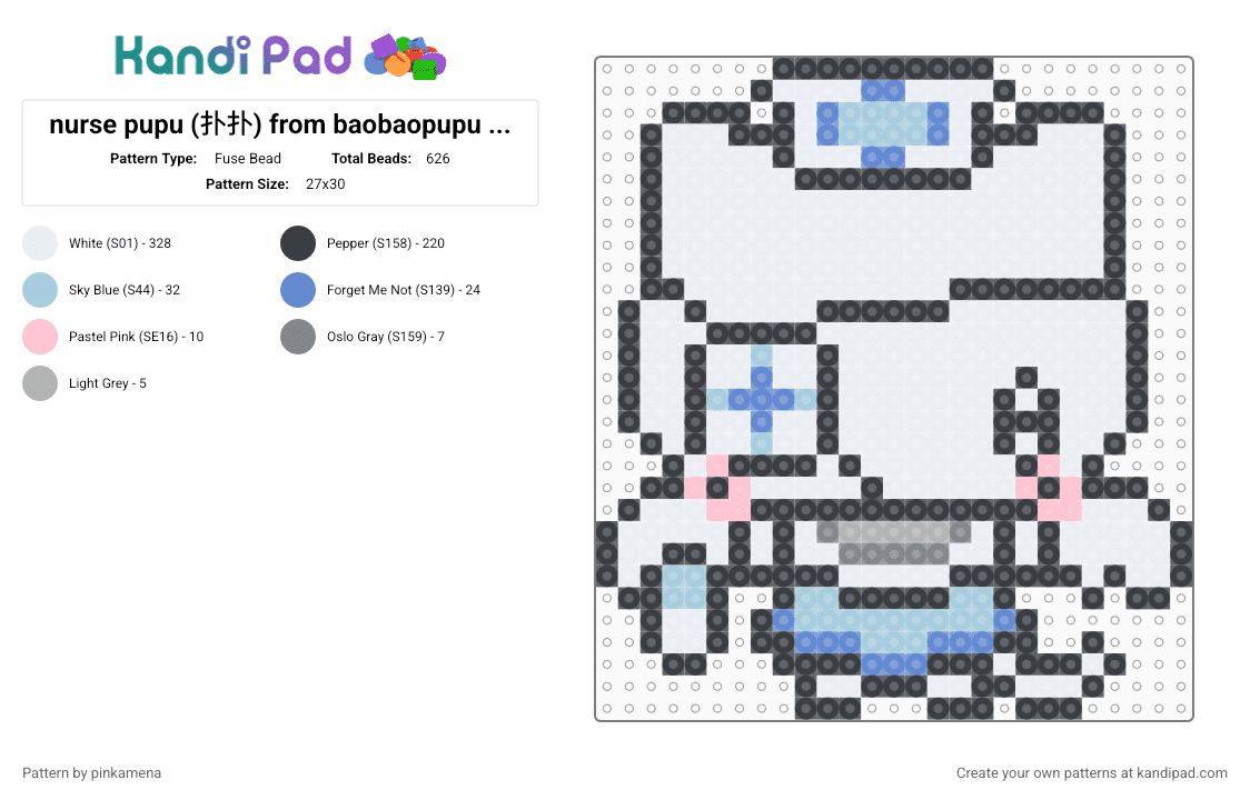 nurse pupu (扑扑) from baobaopupu (饱饱扑扑) (smaller ver.) - Fuse Bead Pattern by rainbowhash on Kandi Pad - white,blue,light blue,animal,cat,kitten,kitty,chibi,cute,kawaii,small