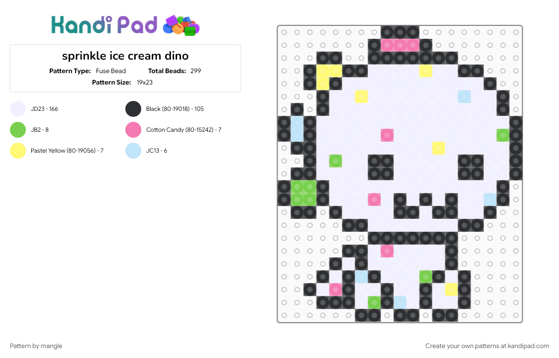 sprinkle ice cream dino - Fuse Bead Pattern by mangle on Kandi Pad - colorful, cute kawaii, dessert, dinosaur, green, pink, rainbow, white, yellow