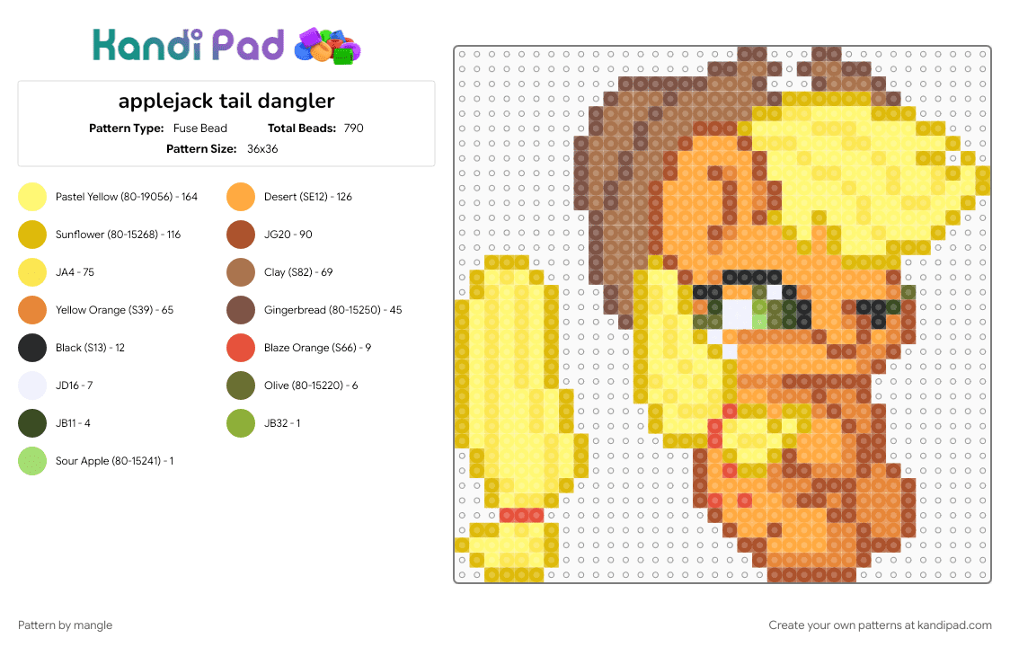 applejack tail dangler - Fuse Bead Pattern by mangle on Kandi Pad - 2010s, animal animals, cute kawaii, dangle apple jack, horse cartoon, keychain, mlp, my little pony, orange, yellow