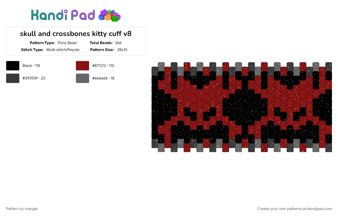 skull and crossbones kitty cuff v8 - Pony Bead Pattern by mangle on Kandi Pad - animals, bone halloween, brown, kitty cat, monster bones, scary animal, scene emo horror, scenemo accessory