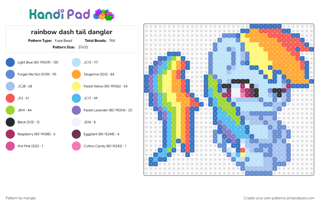 rainbow dash tail dangler - Fuse Bead Pattern by mangle on Kandi Pad - 2010s, animal animals, blue, cute kawaii, dangle colorful, horse cartoon, keychain, light blue, mlp, my little pony