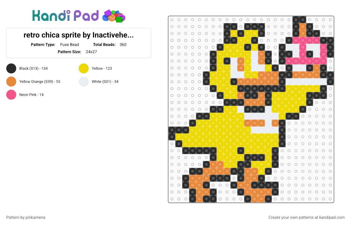 retro chica sprite by Inactiveherenow - Fuse Bead Pattern by rainbowhash on Kandi Pad - yellow,fnaf,five nights at freddys,keychain,video game,8bit,horror