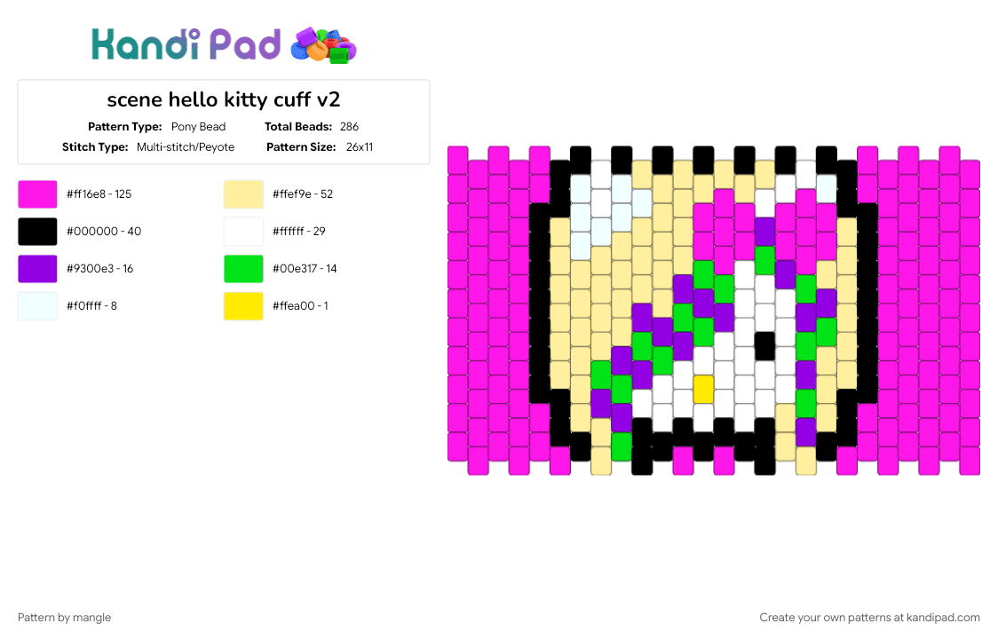 scene hello kitty cuff v2 - Pony Bead Pattern by mangle on Kandi Pad - animal, cat, neon, pink, sanrio, scenemo, yellow