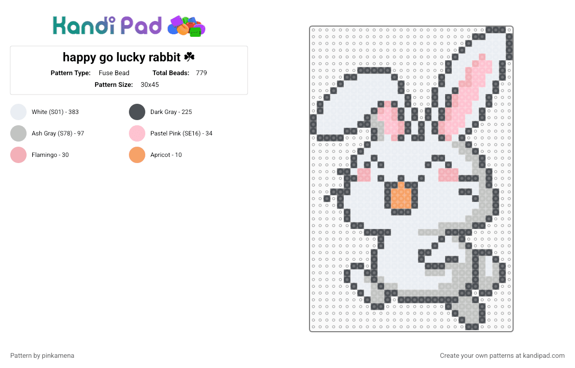happy go lucky rabbit ☘︎ - Fuse Bead Pattern by pinkamena on Kandi Pad - white,gray,beige,bunny,cute,kawaii,simple,animal,animals