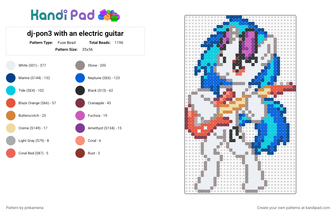 dj pon-3 with an electric guitar - Fuse Bead Pattern by pinkamena on Kandi Pad - gray,blue,light blue,mlp,my little pony,vinyl scratch,djpon3,djpone,djpony,dj pony,dj pone