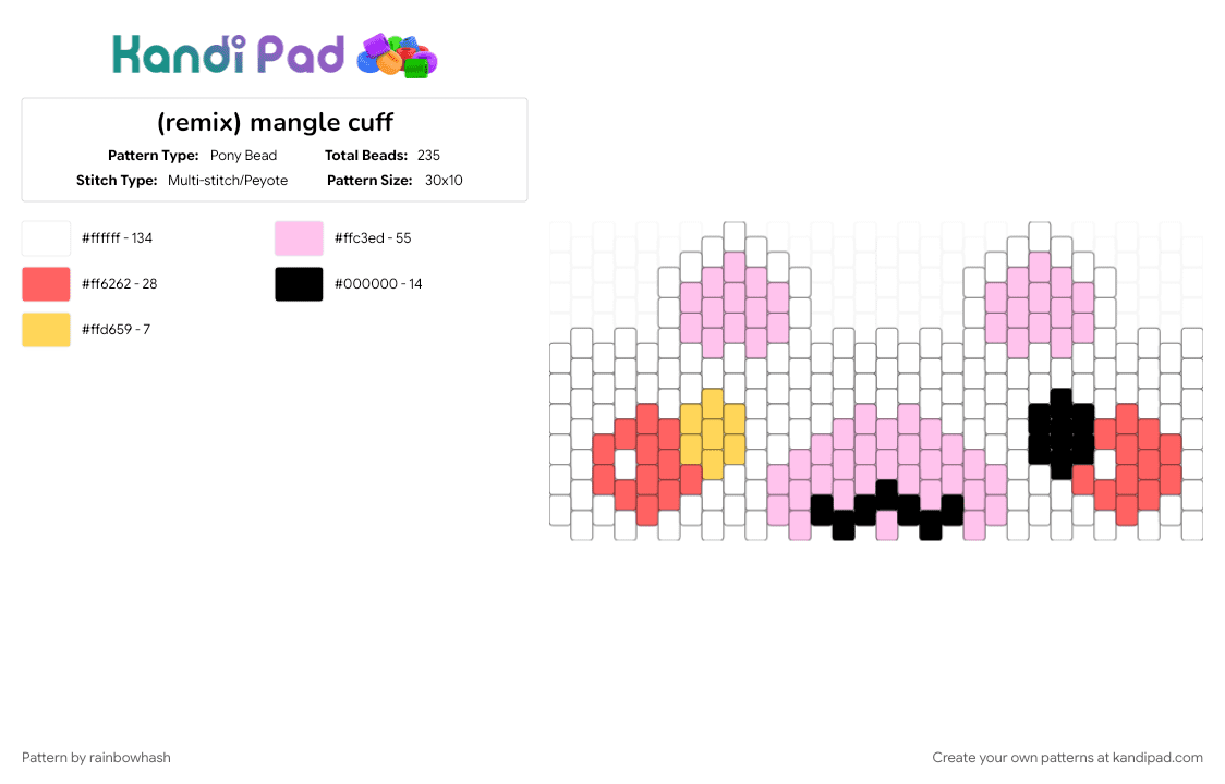 (remix) mangle cuff - Pony Bead Pattern by mangle on Kandi Pad - animal, cute, five nights at freddys, fnaf, fox, pink, video game, white