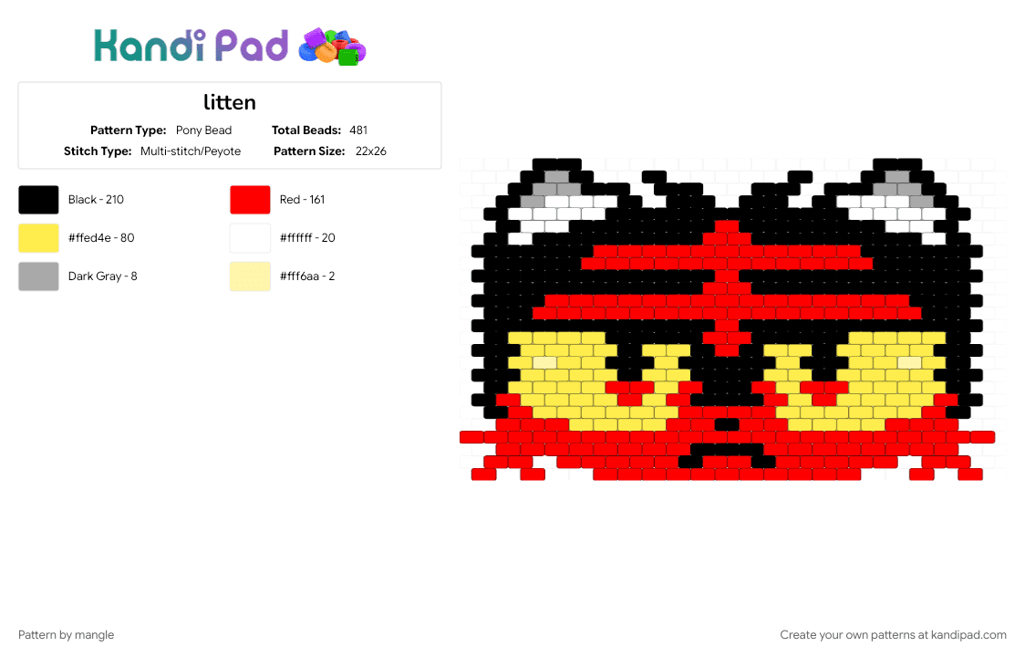 litten - Pony Bead Pattern by mangle on Kandi Pad - animal animals, cute kawaii, games, kitty cat kitten, nintendo, panel wall decor, pokemon, red, video game, yellow