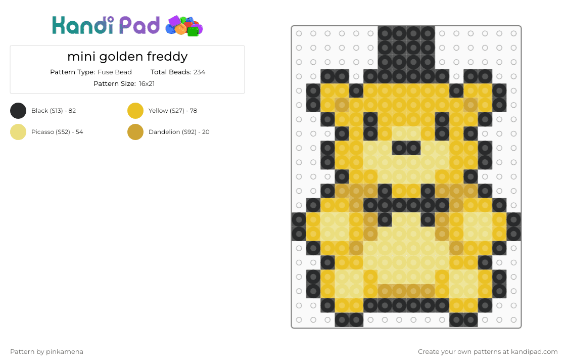 mini golden freddy - Fuse Bead Pattern by pinkamena on Kandi Pad - yellow,small,tiny,charm,keychain,fnaf,five nights at freddys,video game,easy
