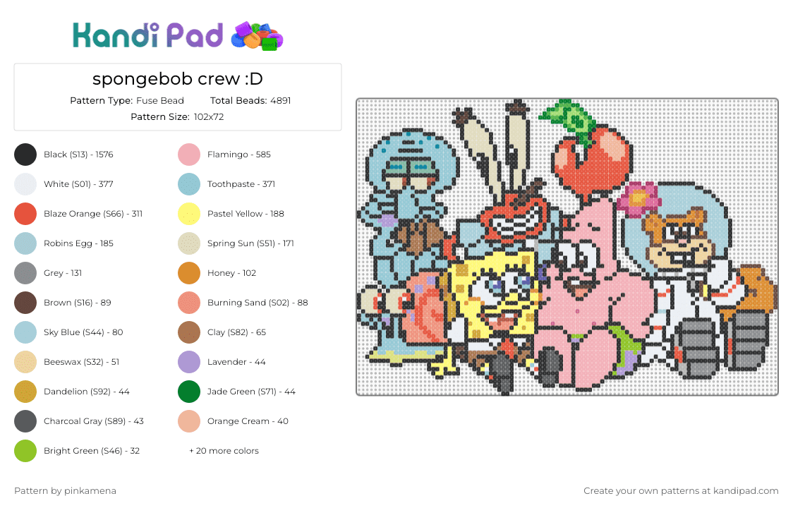 spongebob crew :D - Fuse Bead Pattern by pinkamena on Kandi Pad - beige,light blue,yellow,colorful,cartoon,spongebob squarepants,sandy cheeks,patrick star,squidward,gary the snail