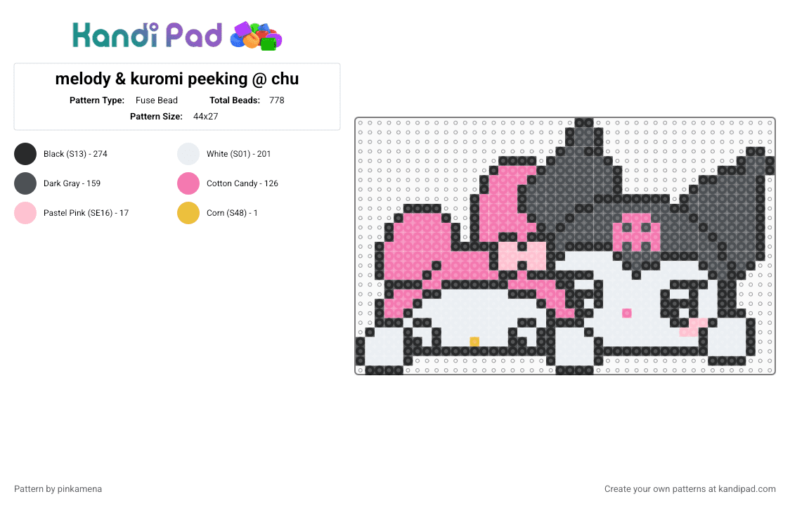 melody & kuromi peeking @ chu - Fuse Bead Pattern by pinkamena on Kandi Pad - pink,gray,sanrio,hello kitty,kawaii,cute,bunny,rabbit,animal,animals