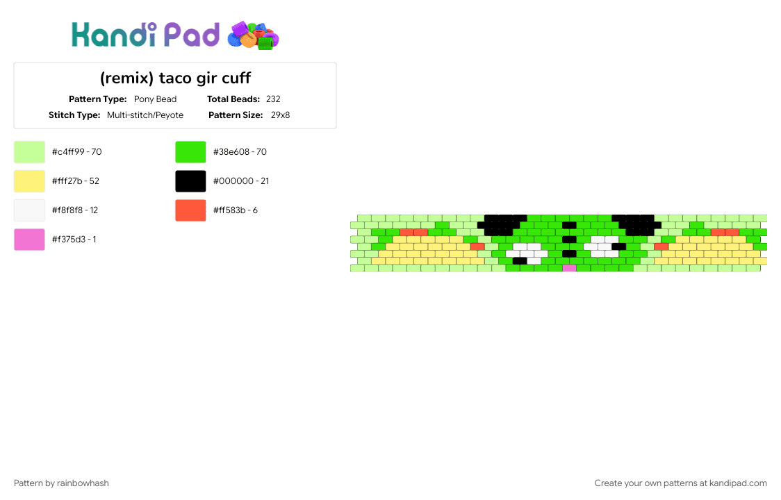 (remix) taco gir cuff - Pony Bead Pattern by rainbowhash on Kandi Pad - cartoon, cartoons, food, green, invader zim, nickelodeon, puppy dog, robot, tacos, yellow