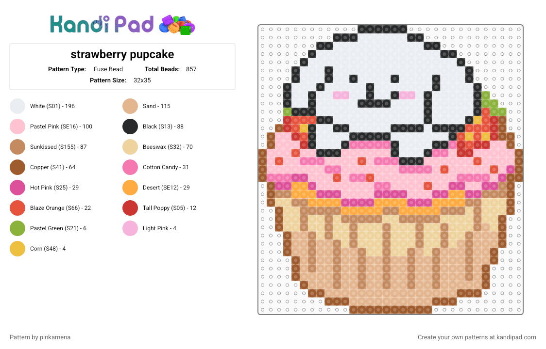 strawberry pupcake - Fuse Bead Pattern by pinkamena on Kandi Pad - pink,tan,beige,cute,kawaii,cupcake,puppy dog,animal,food,fruit,dessert