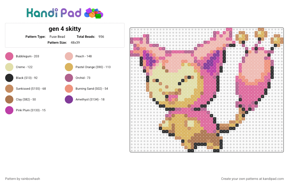 gen 4 skitty - Fuse Bead Pattern by rainbowhash on Kandi Pad - animal, cute, kawaii, kitty cat, nintendo, orange, pink, pokmon, video game
