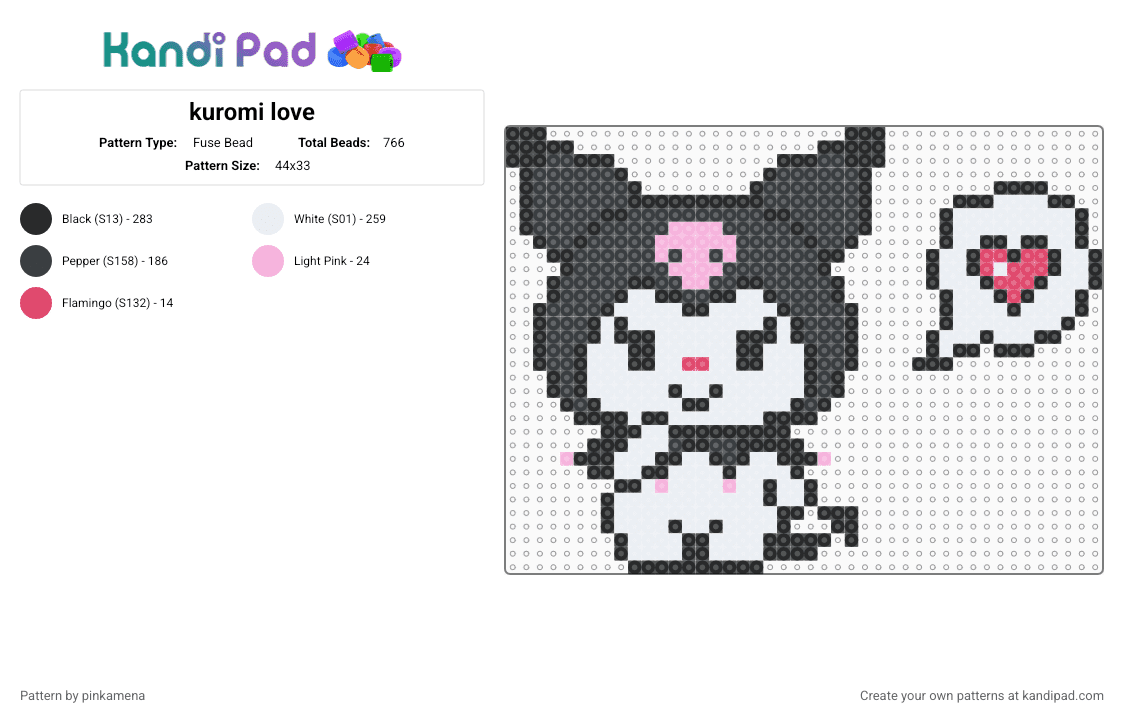 kuromi love - Fuse Bead Pattern by pinkamena on Kandi Pad - black,white,pink,red,cute,kawaii,animal,sanrio,hello kitty,bunny rabbit,keychain