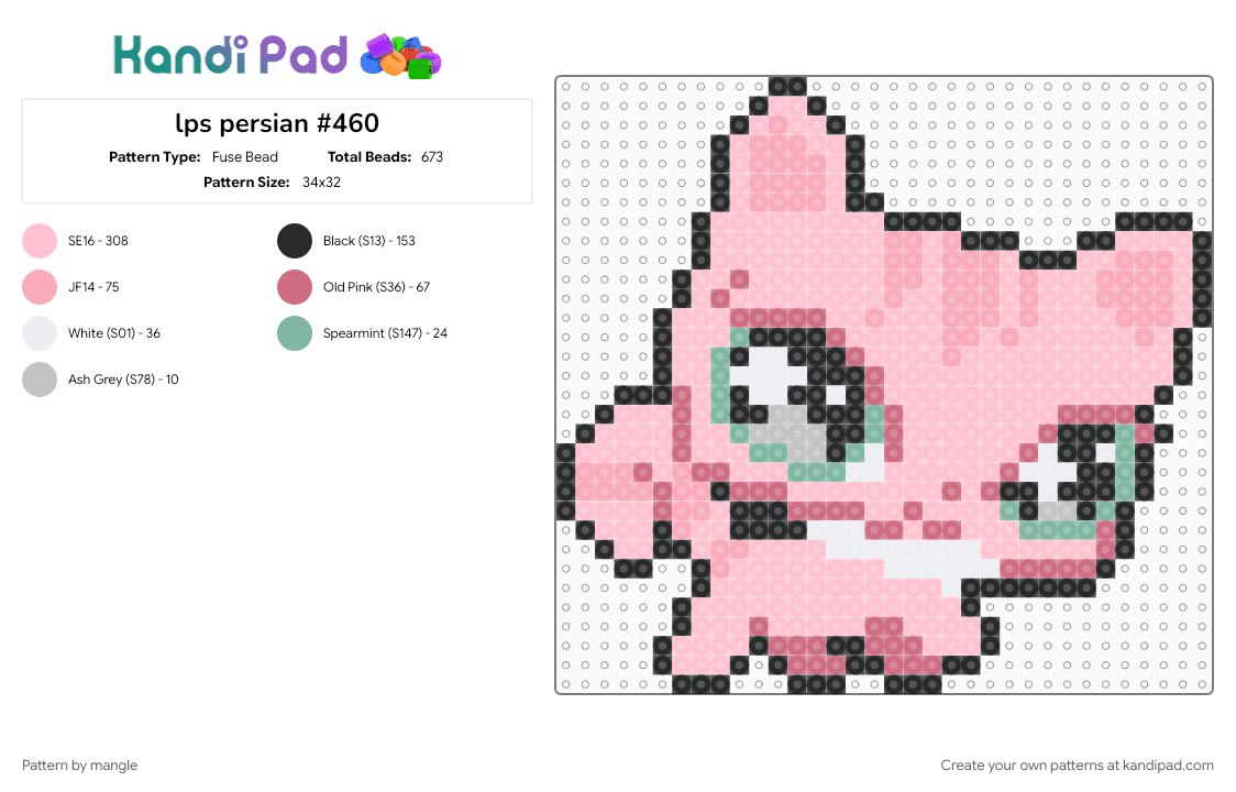 lps persian #460 - Fuse Bead Pattern by mangle on Kandi Pad - 2000s scene, cute, kawaii, kitten, kitty cat, littlest pet shop, pink, scenemo, toys