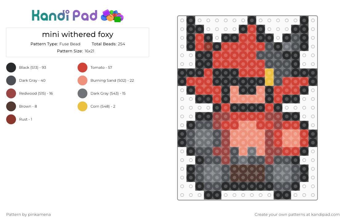 mini withered foxy - Fuse Bead Pattern by pinkamena on Kandi Pad - red,gray,small,tiny,charm,keychain,fnaf,five nights at freddys,video game,easy