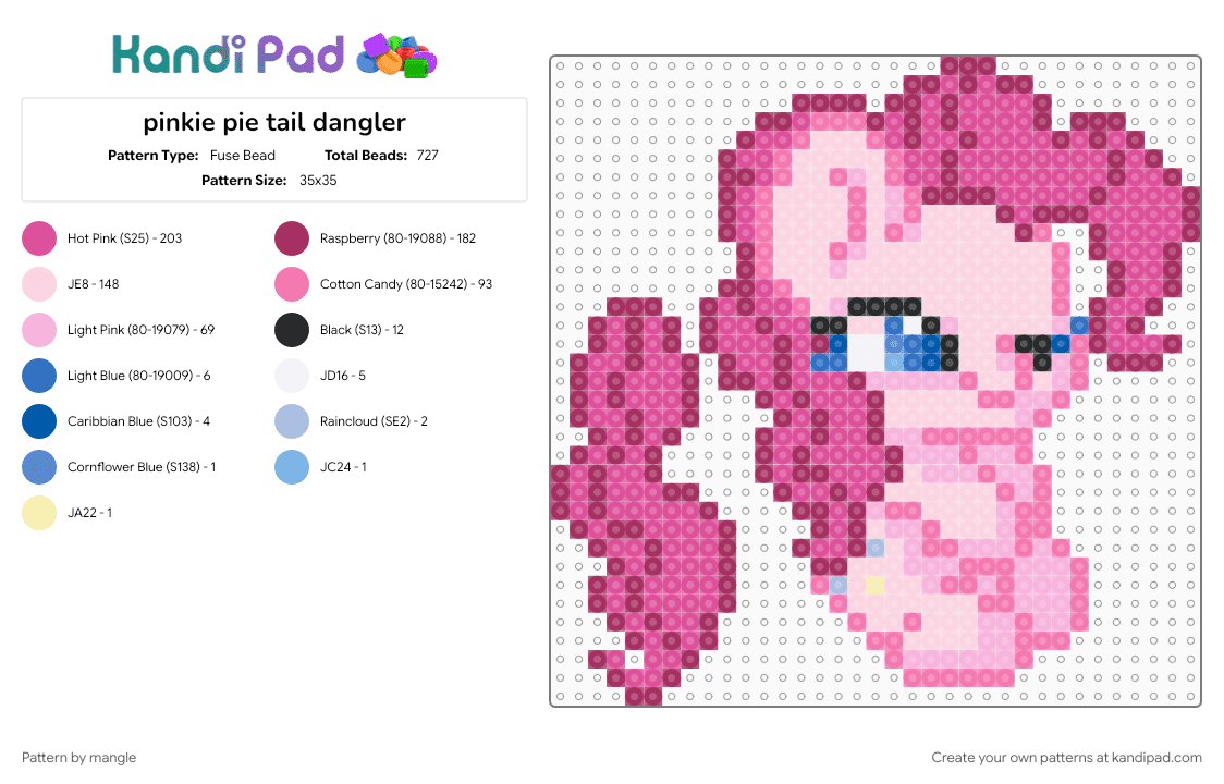 pinkie pie tail dangler - Fuse Bead Pattern by mangle on Kandi Pad - 2010s, animal animals, cute kawaii, dangle, horse cartoon, keychain, mlp, my little pony, pink